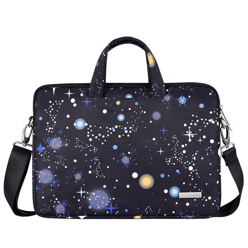 Black waterproof polyester laptop liner bag shown in 13, 14, and 15 inch sizes with dimensions