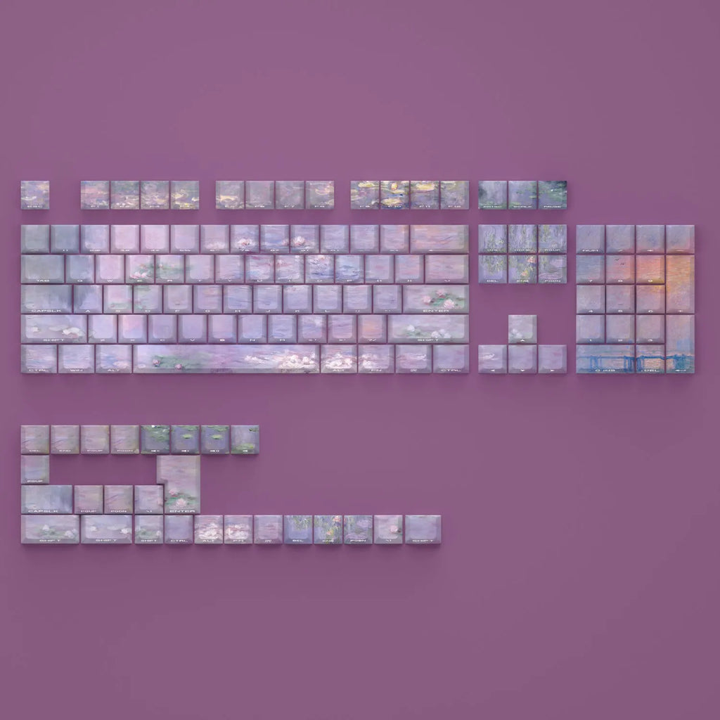 Wenshao Sleeping Lotus PBT keycap set with side-carved legends, showing 130 keys for mechanical keyboards.