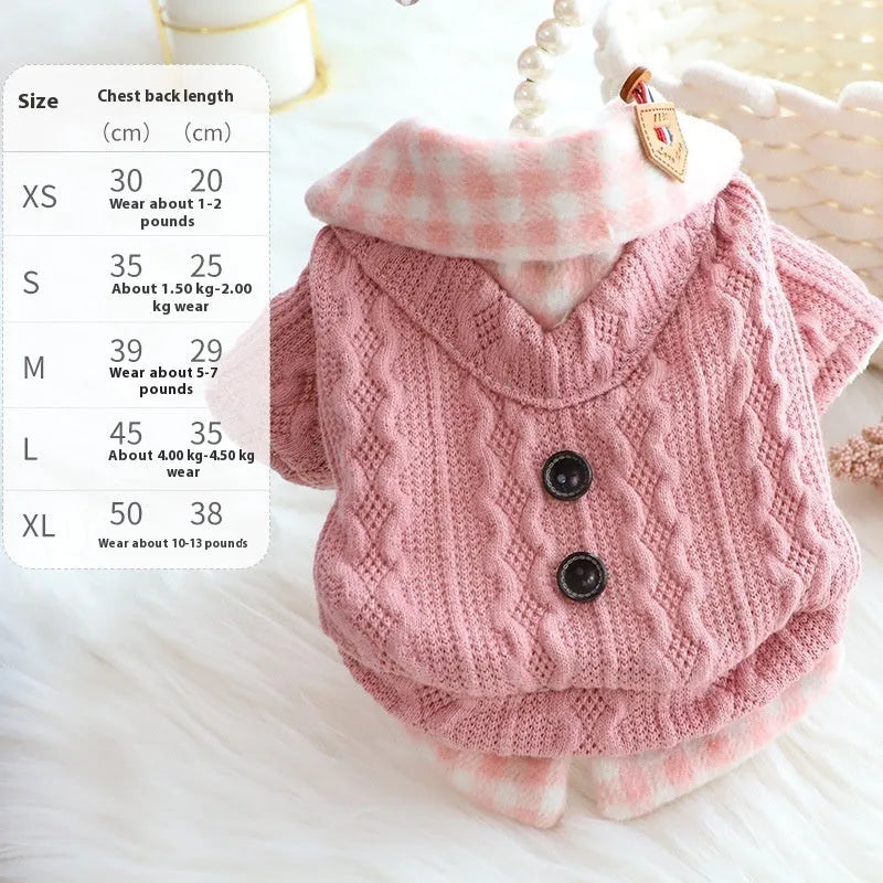Blue wool plaid fake two-piece dog sweater with fleece lining on a dog