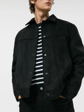 Black men's hooded jacket with a suede collar and side seam pockets.