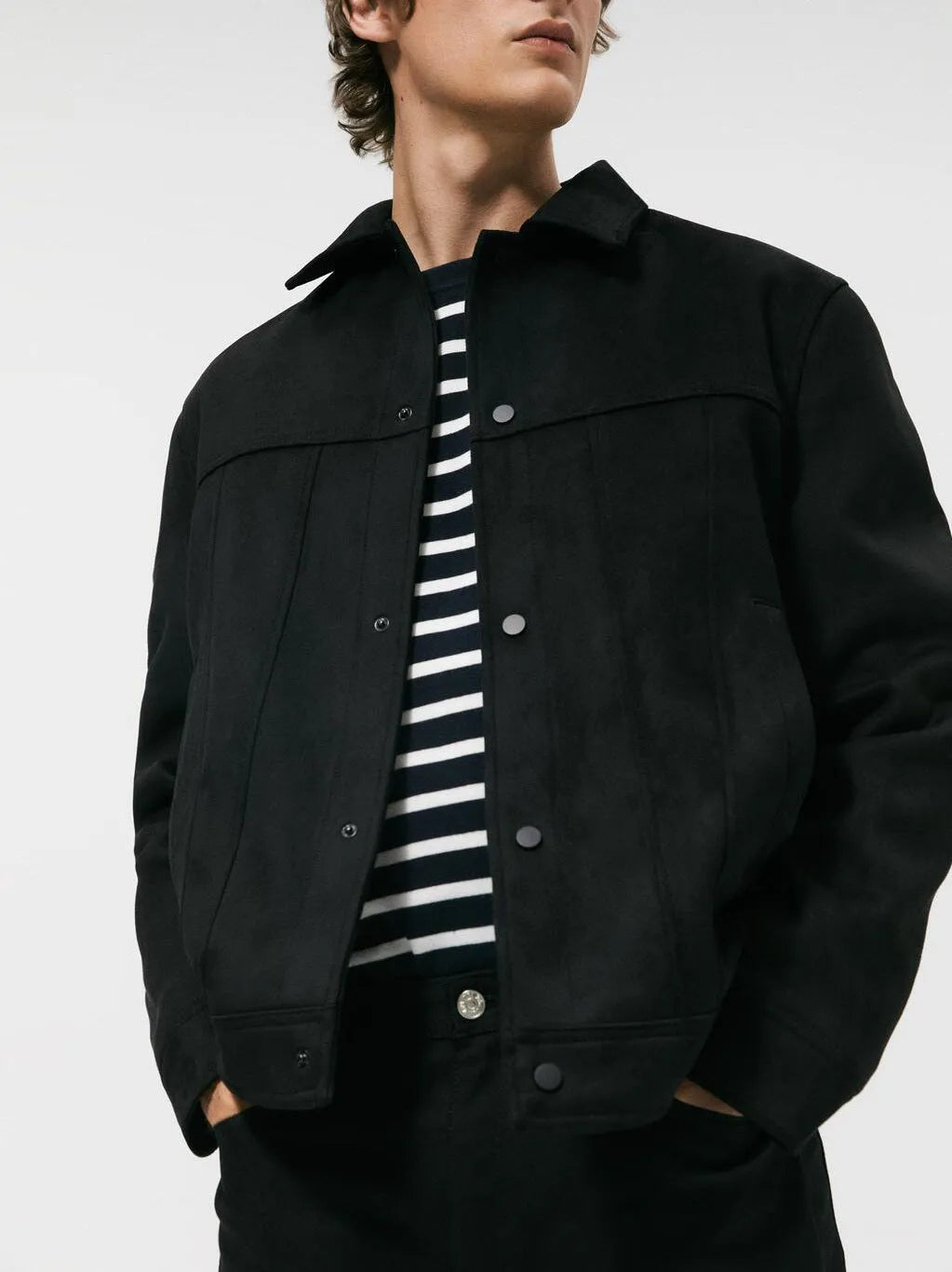 Black men's hooded jacket with a suede collar and side seam pockets.