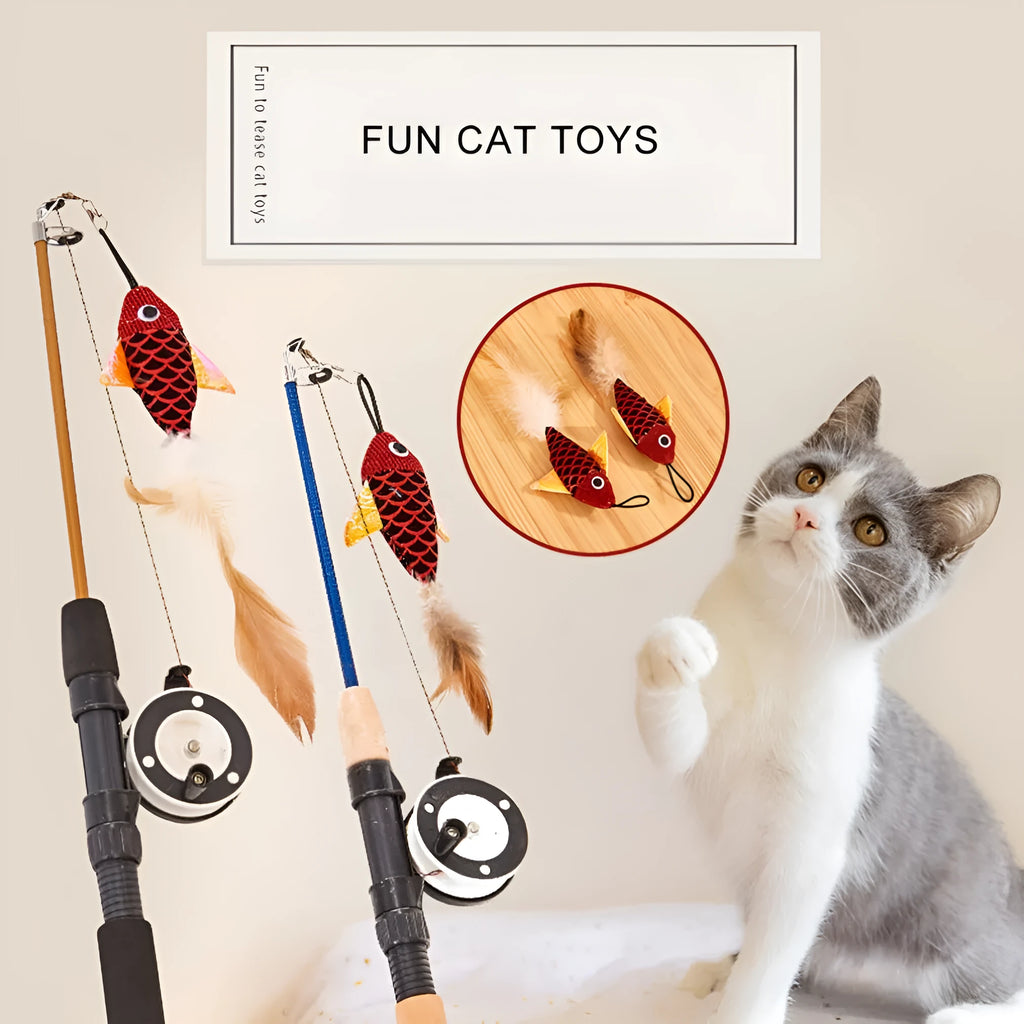 Cat teaser feather toy with retractable rod, plush fish replacement, and feather on a random colour base