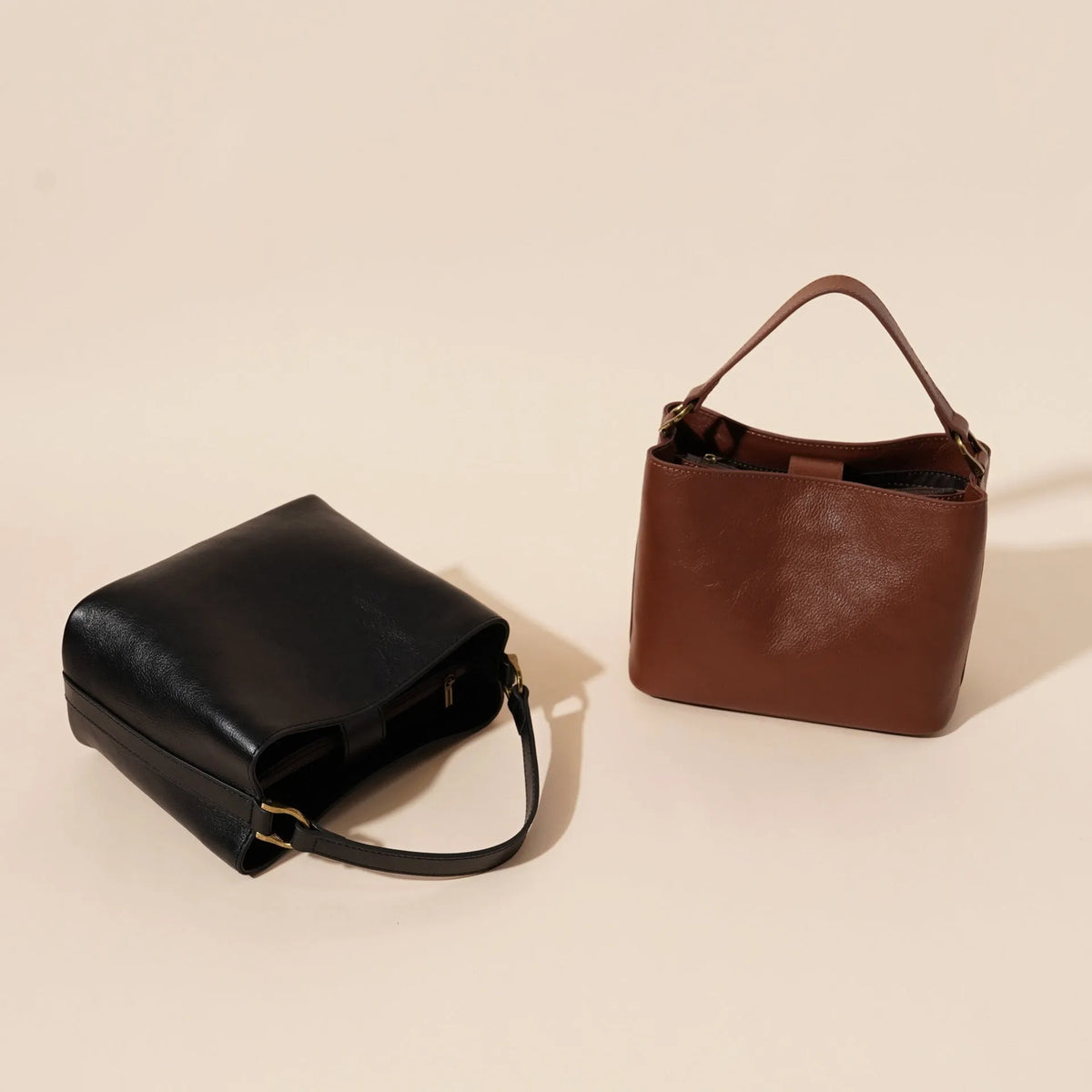 Sugar brown cowhide leather shoulder handbag, square vertical 22.5x12x17cm, single strap, sewing thread detail