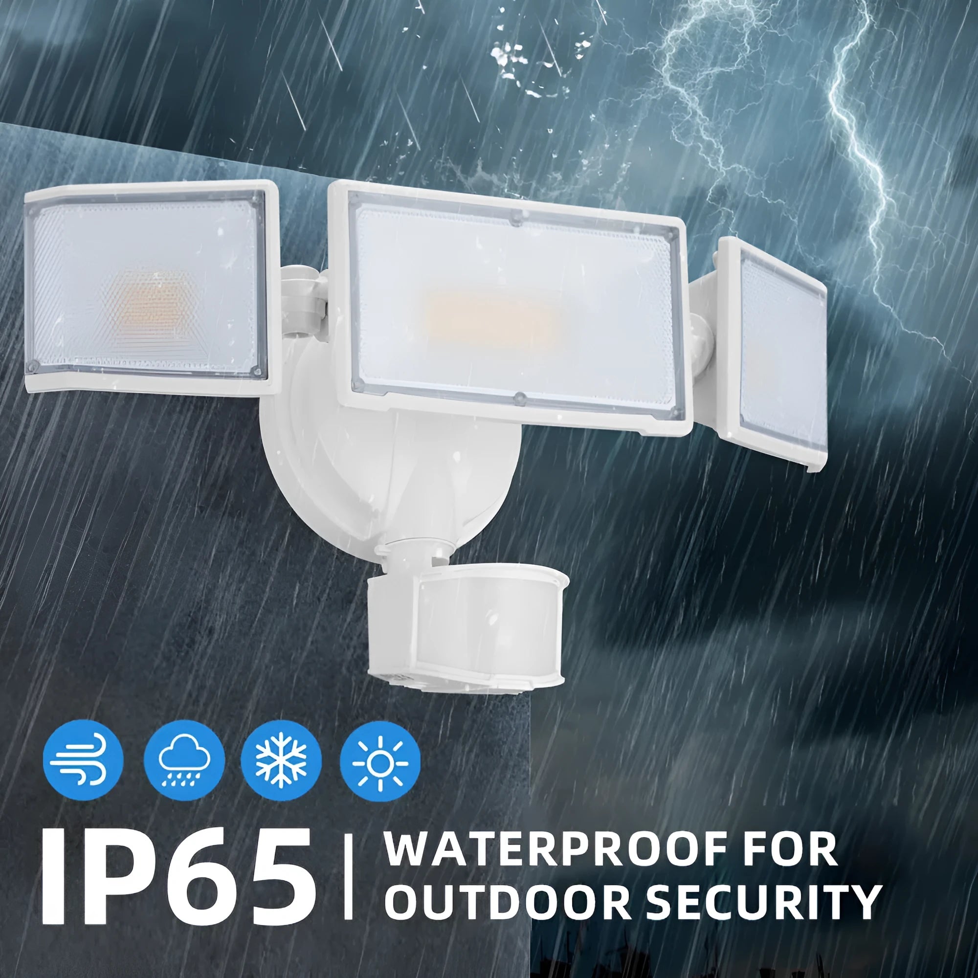 White and black 120V LED human induction security flood light for wall or ceiling mounting.