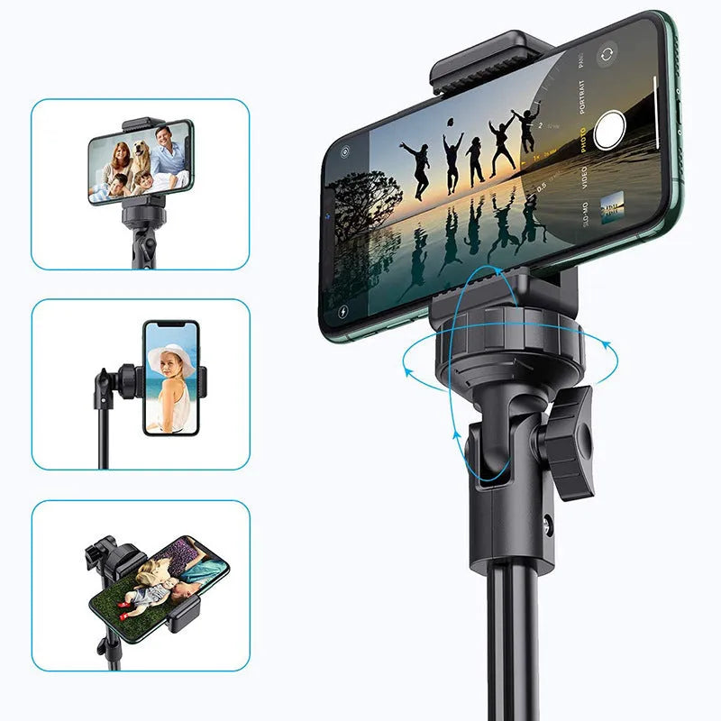 Black aluminium selfie stick tripod collapsed to 45cm with smartphone mount