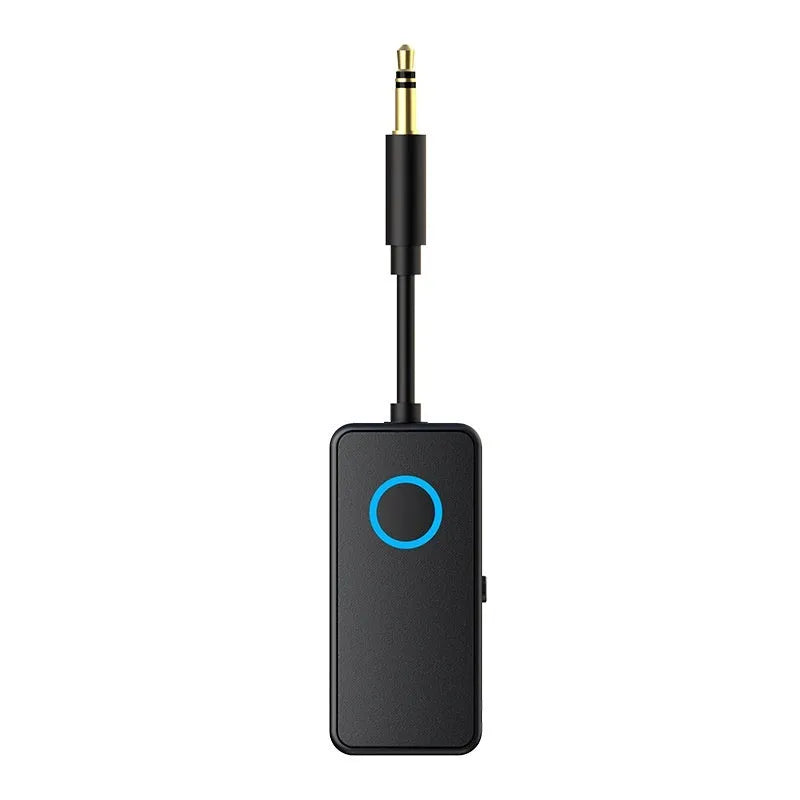 Black Bluetooth 5.4 audio adapter with a 3.5mm plug for wireless streaming to speakers and headphones.