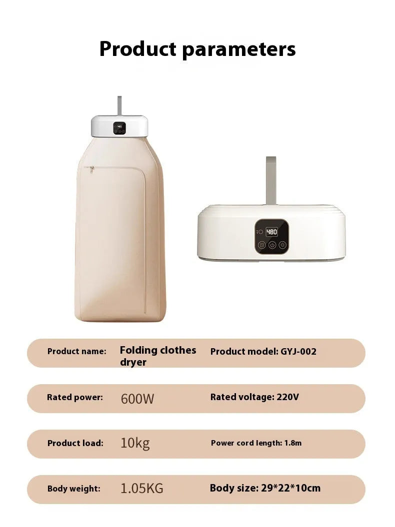 White cylindrical portable clothes dryer with remote control, folded for compact storage