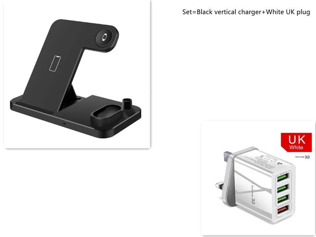 4-in-1 wireless charging dock showing iPhone, Apple Watch, AirPods and Apple Pencil charging simultaneously on adjustable stand.