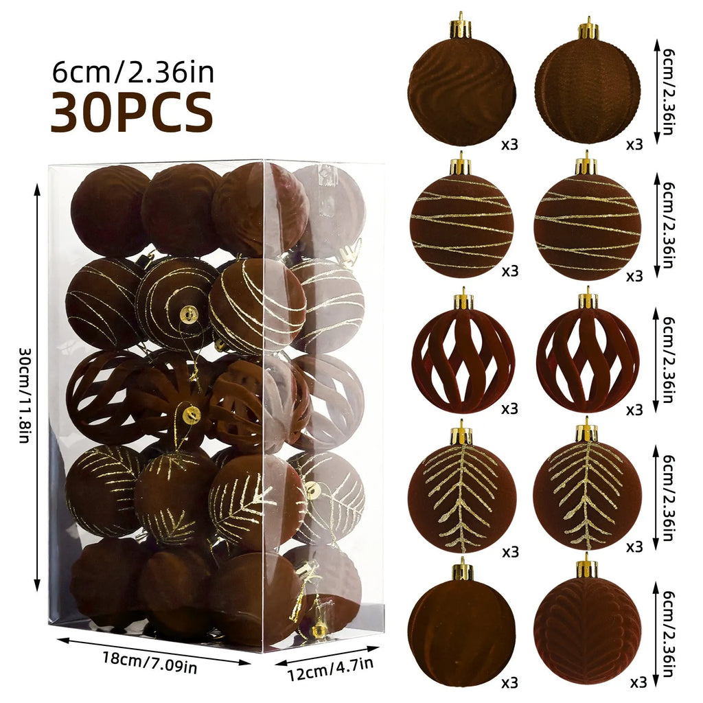 6cm electroplated plastic Christmas ball pendants in champagne gold, white, and flocked painted finishes, 30 pieces