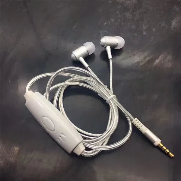 Blue LED light-up earphones with a remote control, compatible with iPhone and Samsung phones.