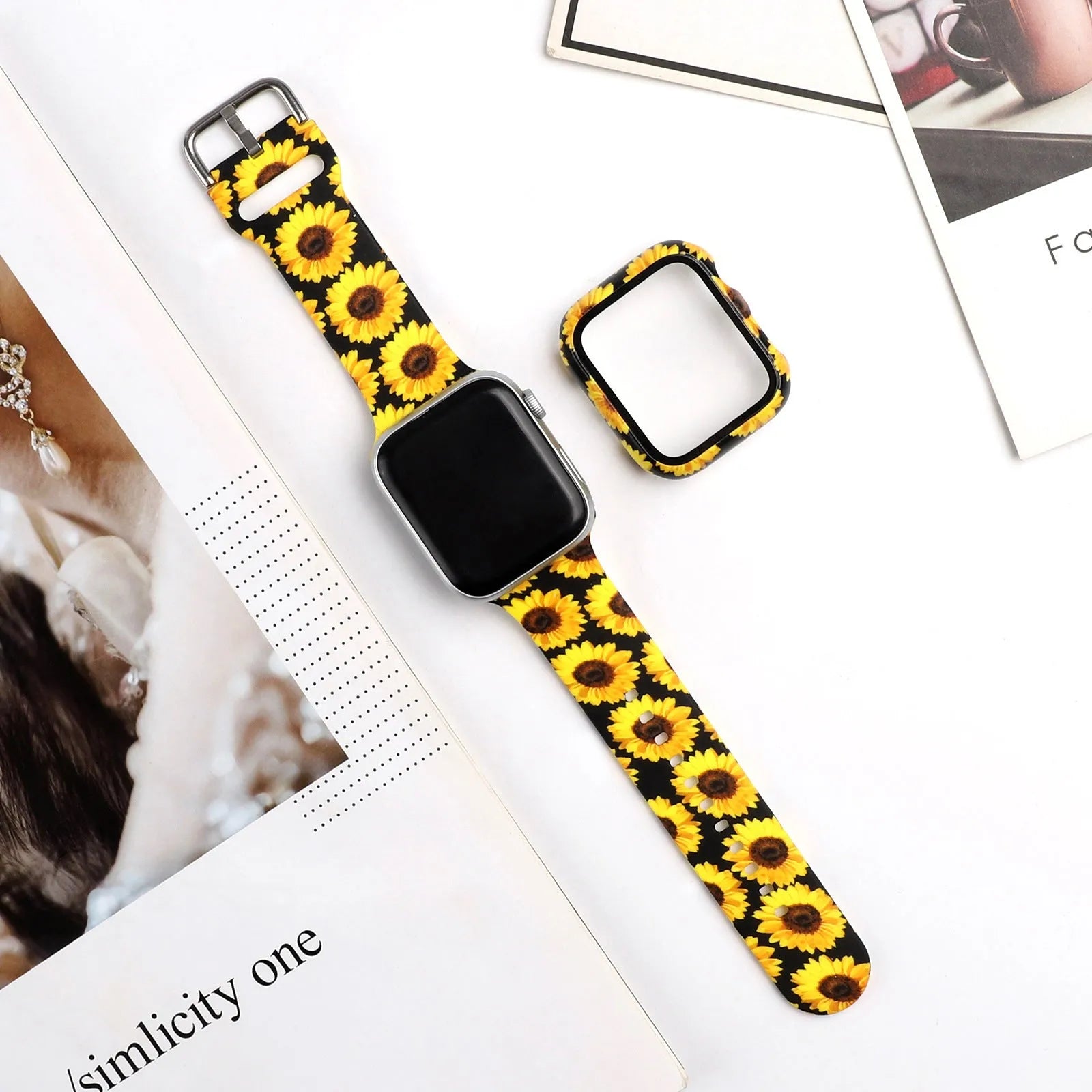 Printed silicone replacement watch strap for Apple iWatch showing multiple design options and size fit.