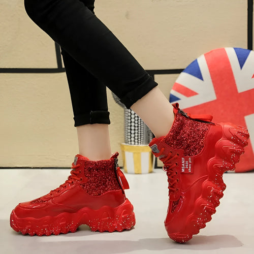 Big wavy snowflake daddy shoes with sequins, cross ties, rhinestones, sponge cake heel, waterproof platform, round toe, solid colour