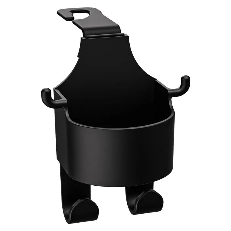 Black plastic car seat back organiser with cup holder and storage hook mounted on headrest