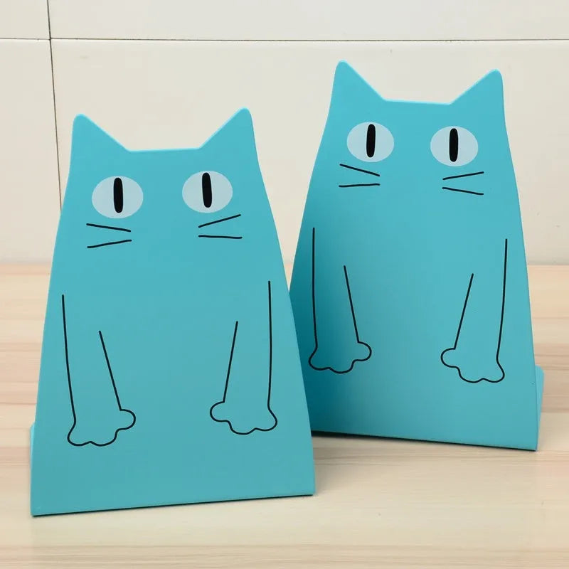 Pair of blue iron bookends 14 x 20.5 x 10.5cm holding books upright on a shelf