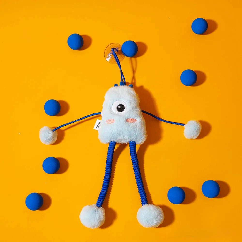 Blue telescopic elastic rope cat toy with plush and bell attachments on a white background.