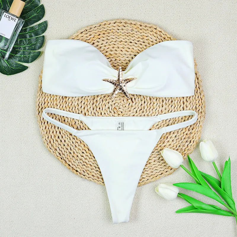 Tube top bikini set with backless low waist briefs in black, white or blue, sizes S M L, nylon fabric