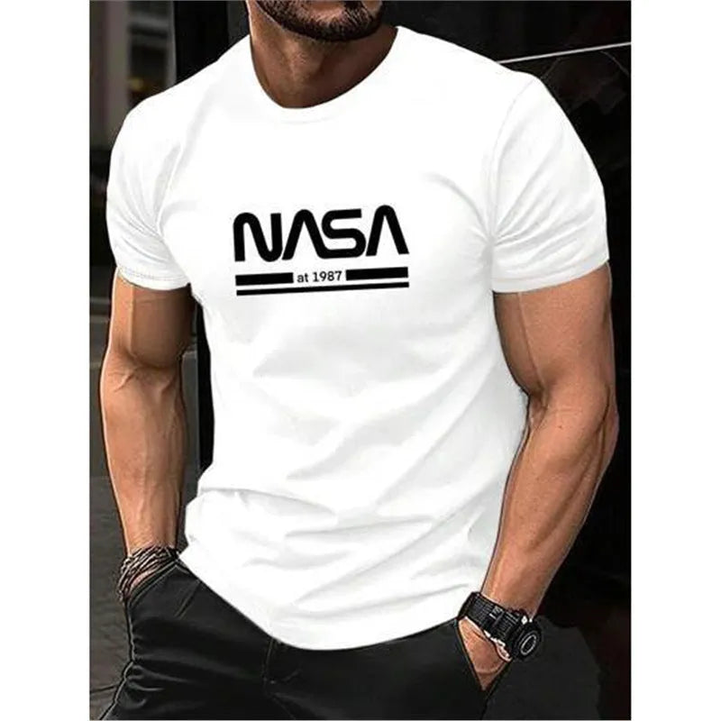Men's printed slim-fit letters short sleeve cotton T-shirt shown in multiple colour options.