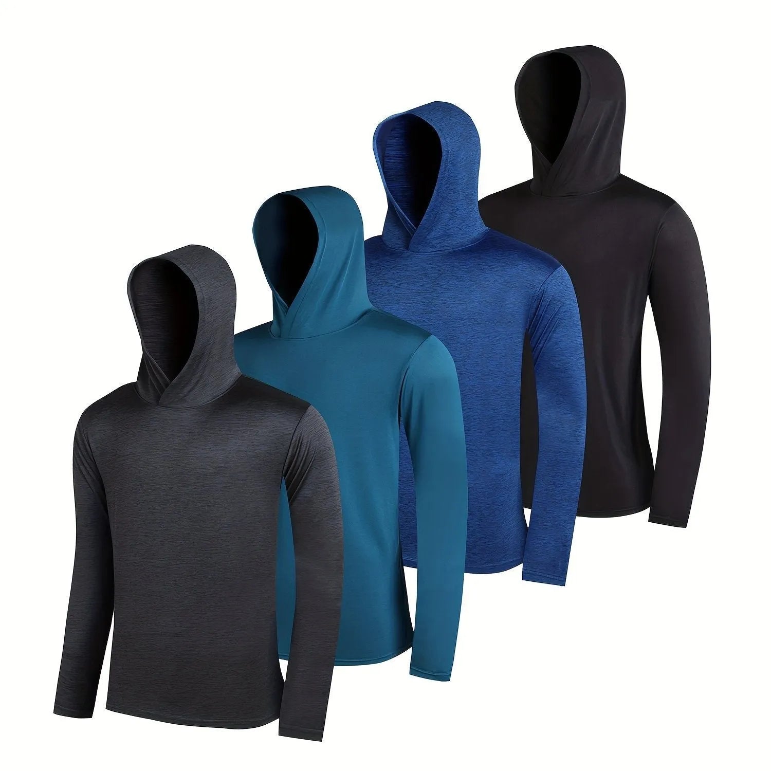 Set of four men's lightweight hoodies in elastic polyester fabric, shown in multiple colours.
