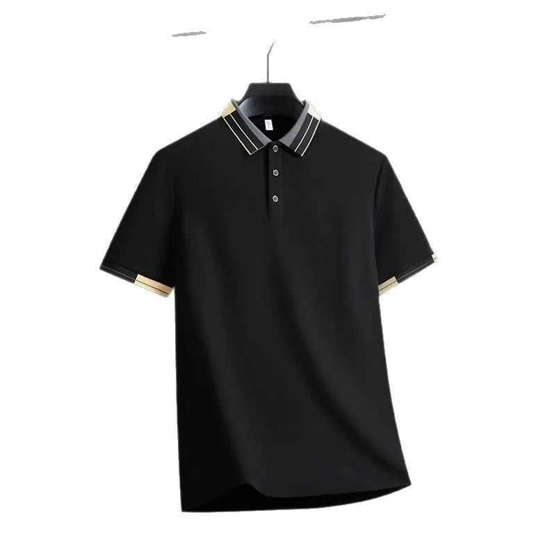 Men's casual solid colour polyester pullover top with lapel short sleeves, regular fit, neutral colours for summer