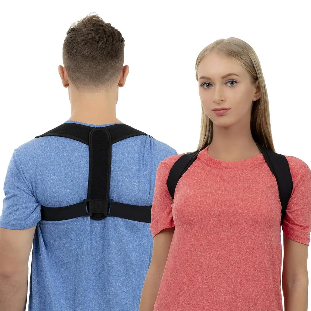 Black adjustable posture correction strap showing breathable construction and adjustable mechanism