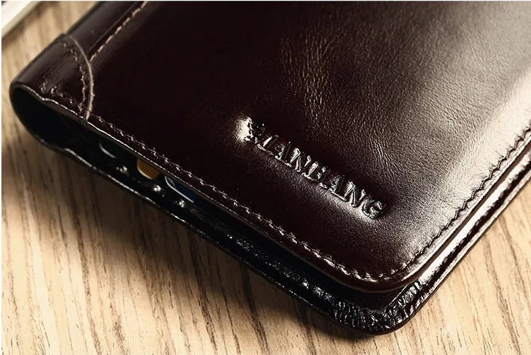 Open view of a black men's leather bifold wallet showing card slots, photo window, and zipped coin pocket.