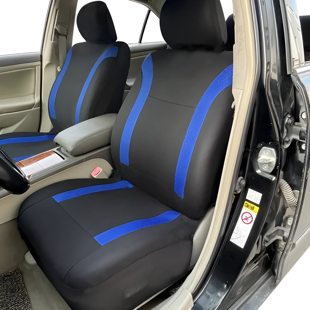 Polyester car seat cover with eyelet stitching in multiple colour options showing front and rear seat coverage