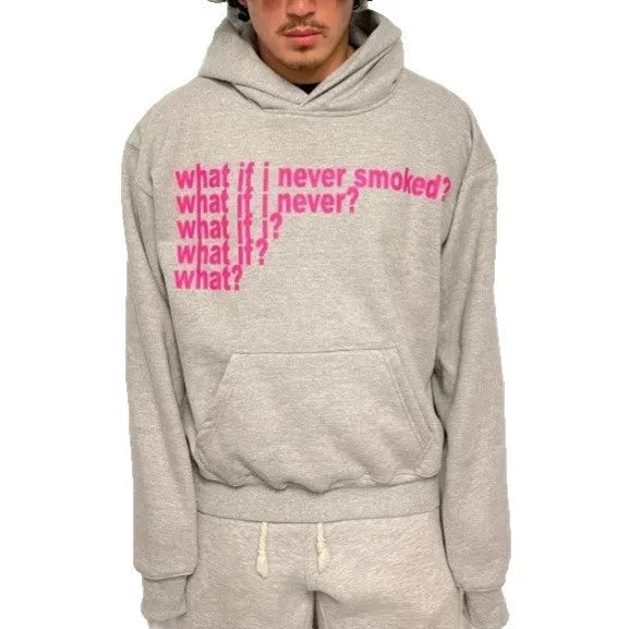 Black hooded pullover sweatshirt with white letter print pattern on the front.