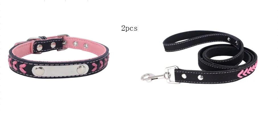Stainless steel iron dog collar with laser lettering on genuine leather strap, available in blue, pink, purple, red and yellow
