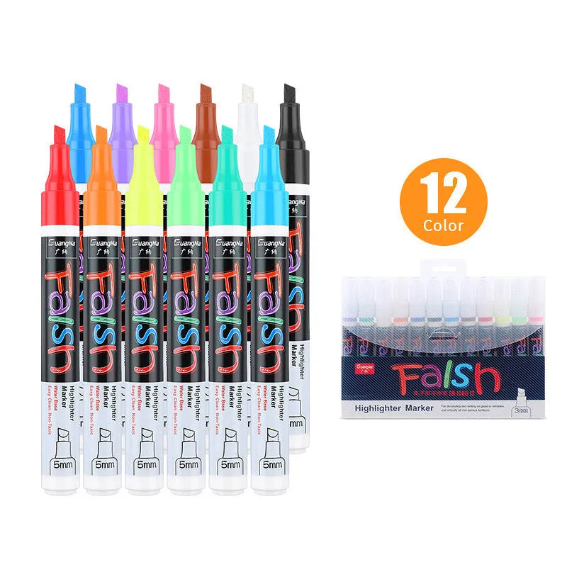 Oblique plastic electronic fluorescent board highlighter pen with a 6mm tip, shown with 8 colour refill options.