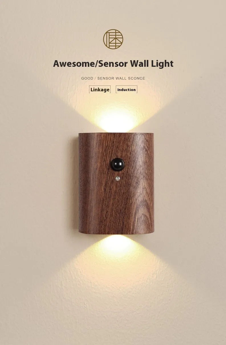 Solid wood pattern linkage human body induction LED light with warm white glow, Sapele finish