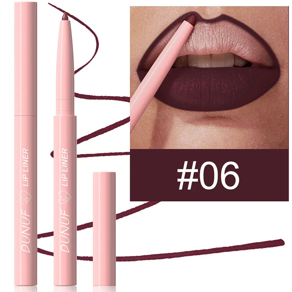 Velvet matte lip liner pencil in a display of 12 different colour shades.