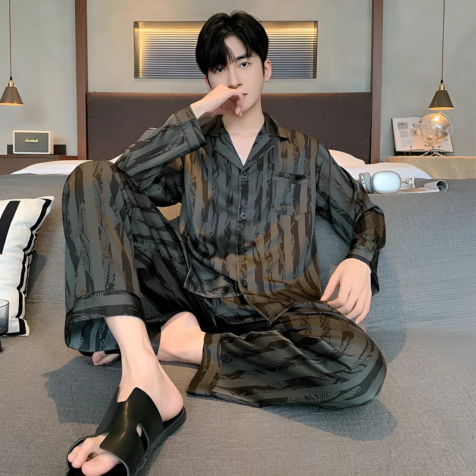 Men's black striped ice silk V-neck pajama set with long sleeves and trousers