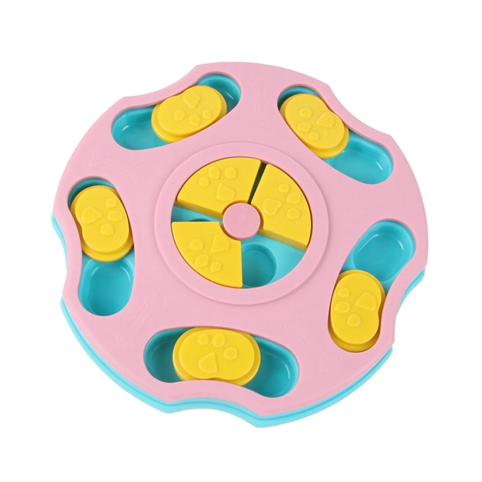 Blue dog puzzle feeder bowl with interactive game elements for slowing down fast-eating dogs