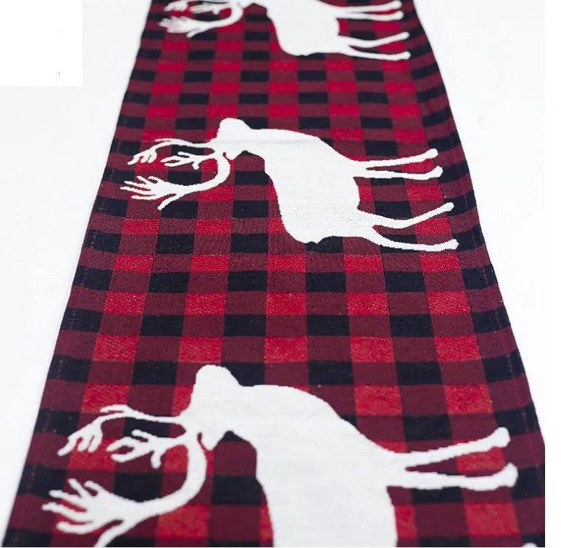 Christmas table runner with elk and snowman design on cotton linen fabric