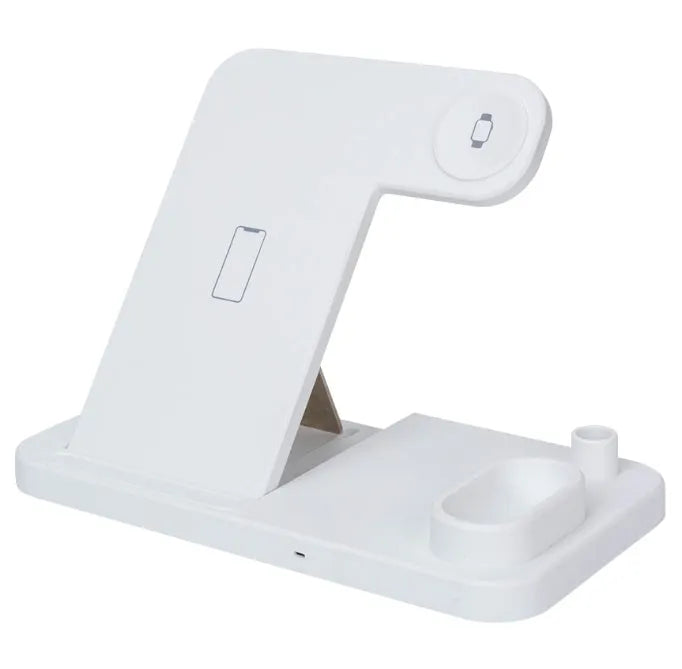 4-in-1 wireless charging dock showing iPhone, Apple Watch, AirPods and Apple Pencil charging simultaneously on adjustable stand.