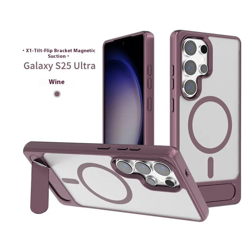 Magnetic suction phone case for Samsung S25 Ultra with Magsafe oblique turning bracket in black