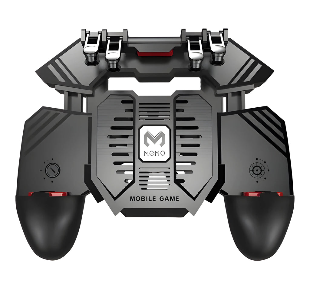 AK77 black mobile phone game handle with physical triggers, heat sink power supply and rotating lever for PUBG gaming