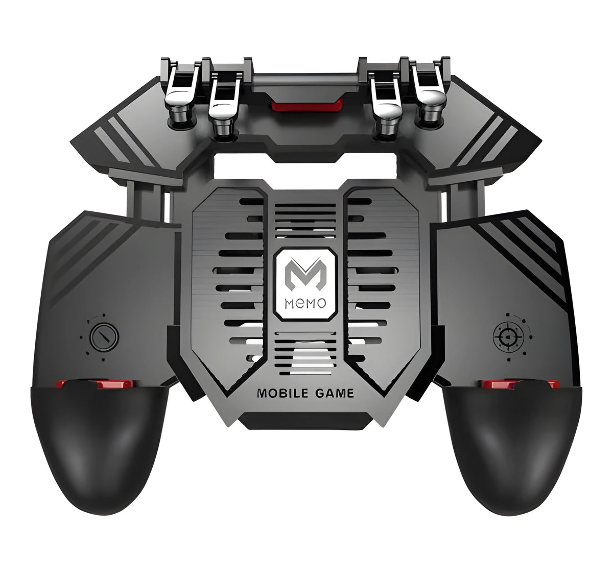 AK77 black mobile phone game handle with physical triggers, heat sink power supply and rotating lever for PUBG gaming