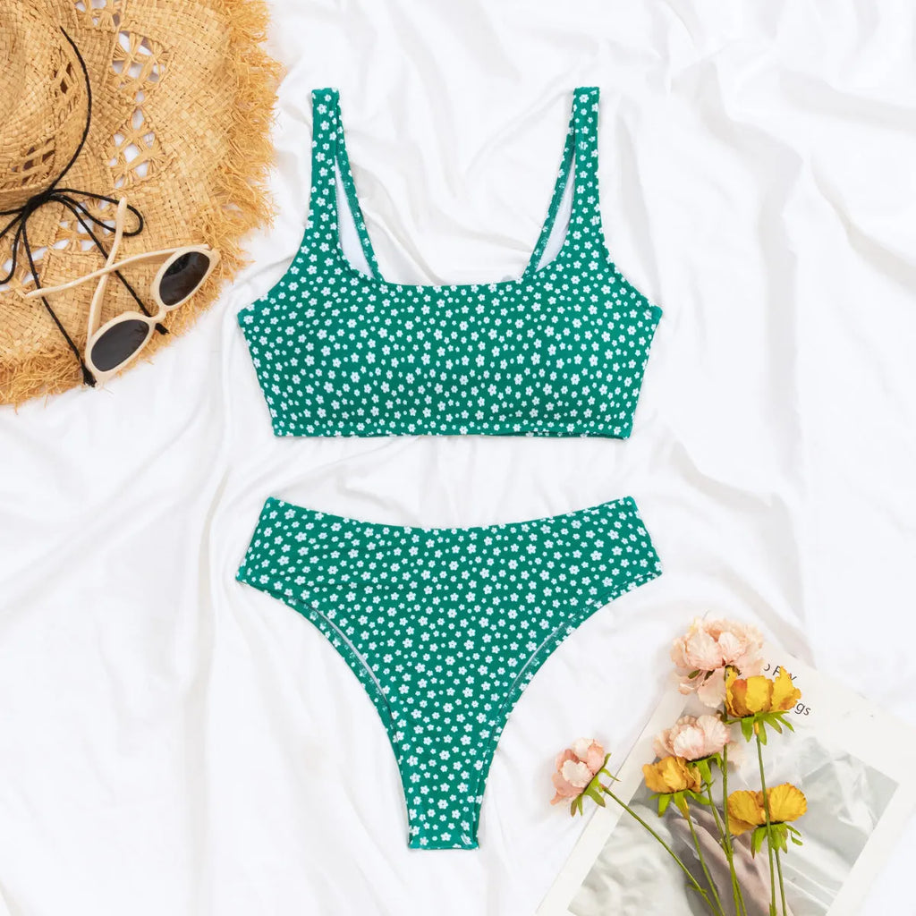 Printed floral U-neck halter bikini set for women in high-waist style with quick-drying polyester fabric, colour FF185GR
