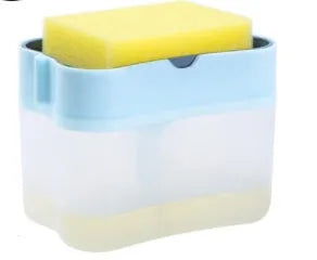 Grey and silver plastic kitchen countertop soap dispenser with pump