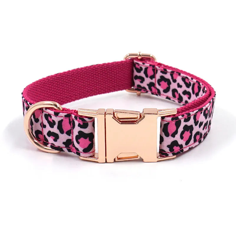 Leopard print dog collar and lead set in rose gold tone polyester, sizes XS to XL