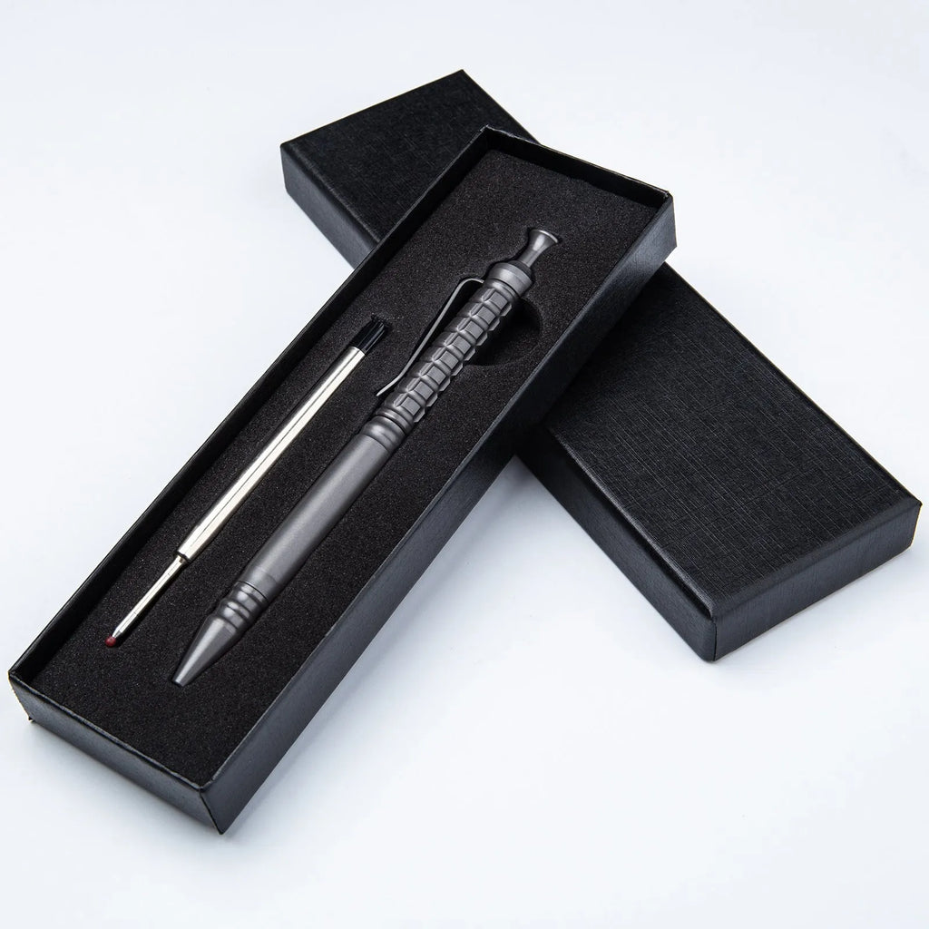 Gunmetal grey titanium alloy push-action pen with 0.5mm nib and gift box packaging