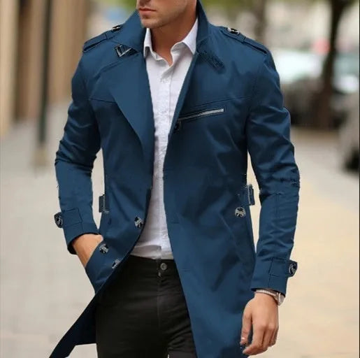 Men's solid colour mid-length lapel casual jacket with side pockets