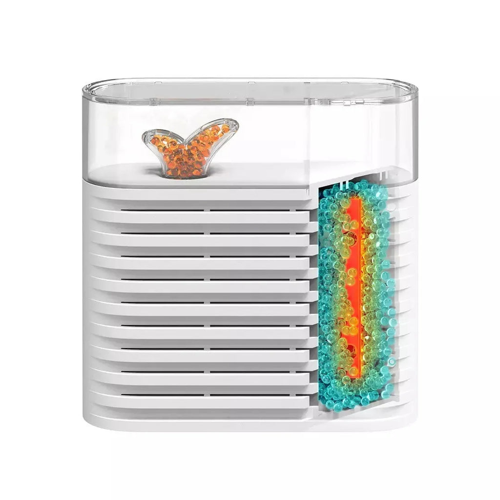 White recyclable cabinet dehumidifier box with transparent top showing colour-changing beads.