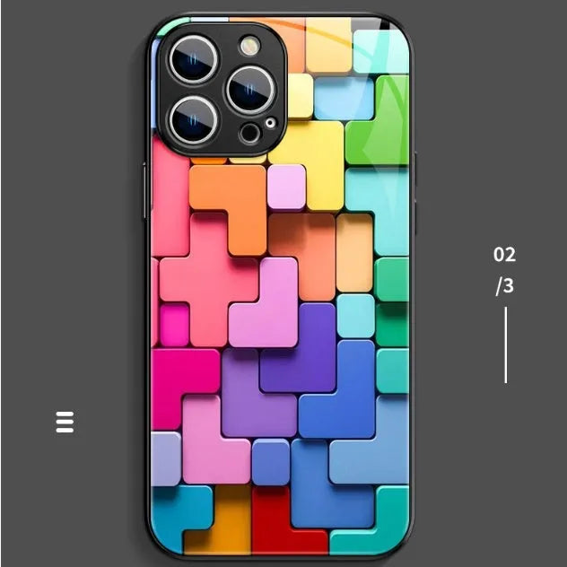 Silicone iPhone case with colourful geometric building block design in cartoon style