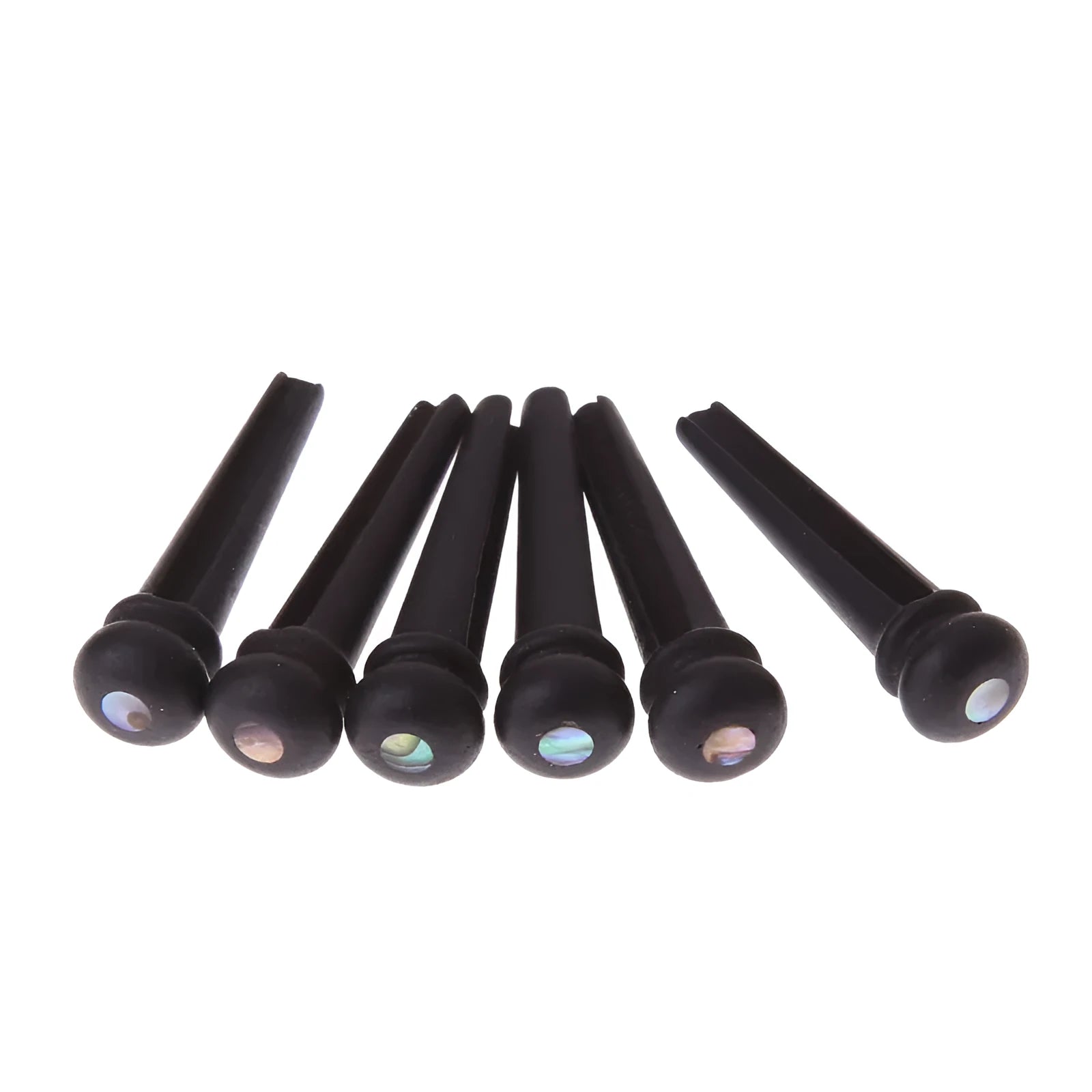 Six matt black ebony wood guitar string nails for folk acoustic guitars.