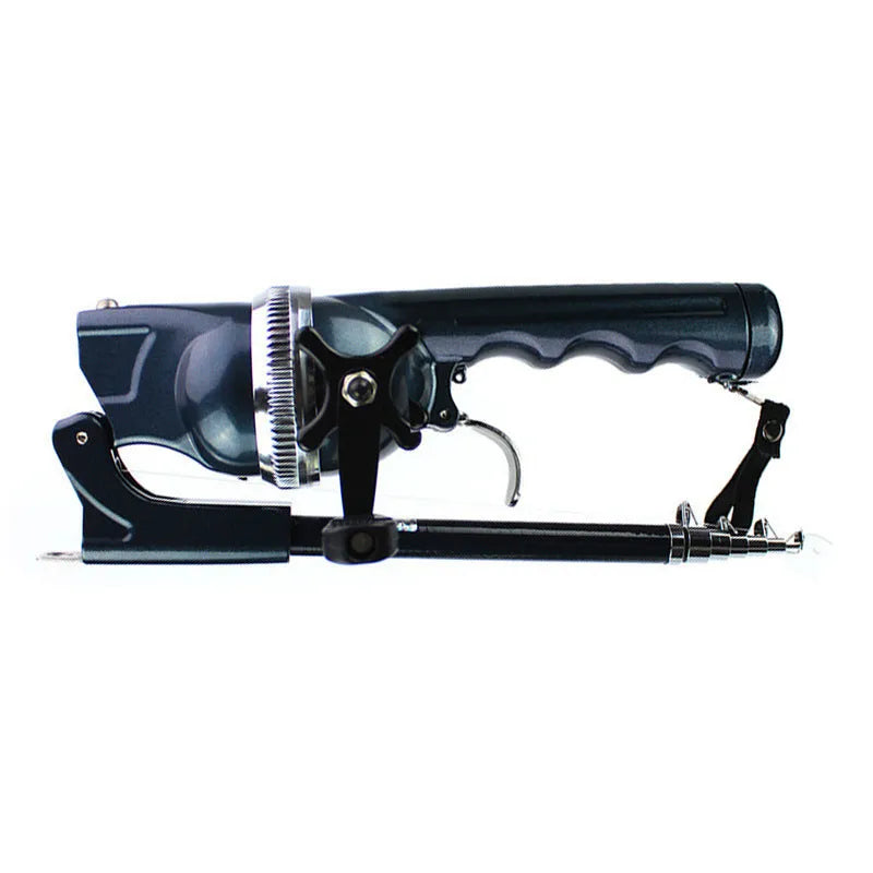 Foldable fishing rod in black with built-in reel and 3# line, shown folded to 26.5cm and extended to about 134cm.
