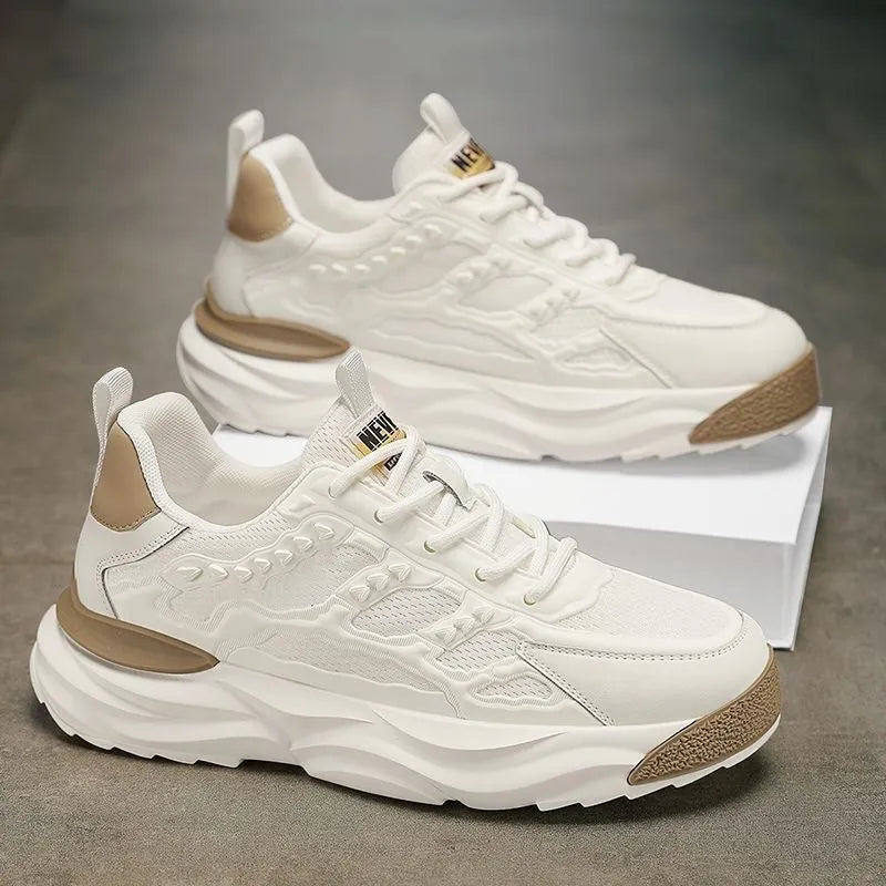 Men's white PU mesh casual trainers with round toe design for sports and leisure