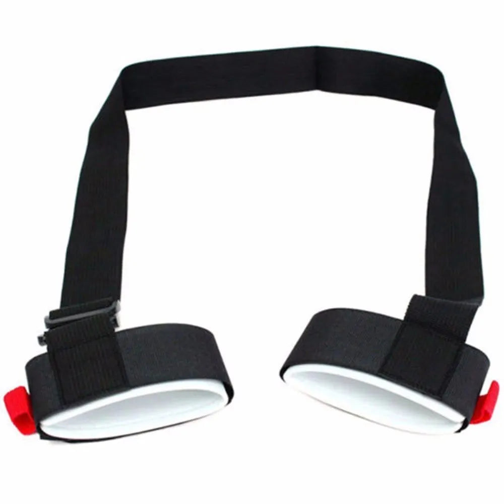 Adjustable nylon skiing handle strap with buckle in black, carried over shoulder