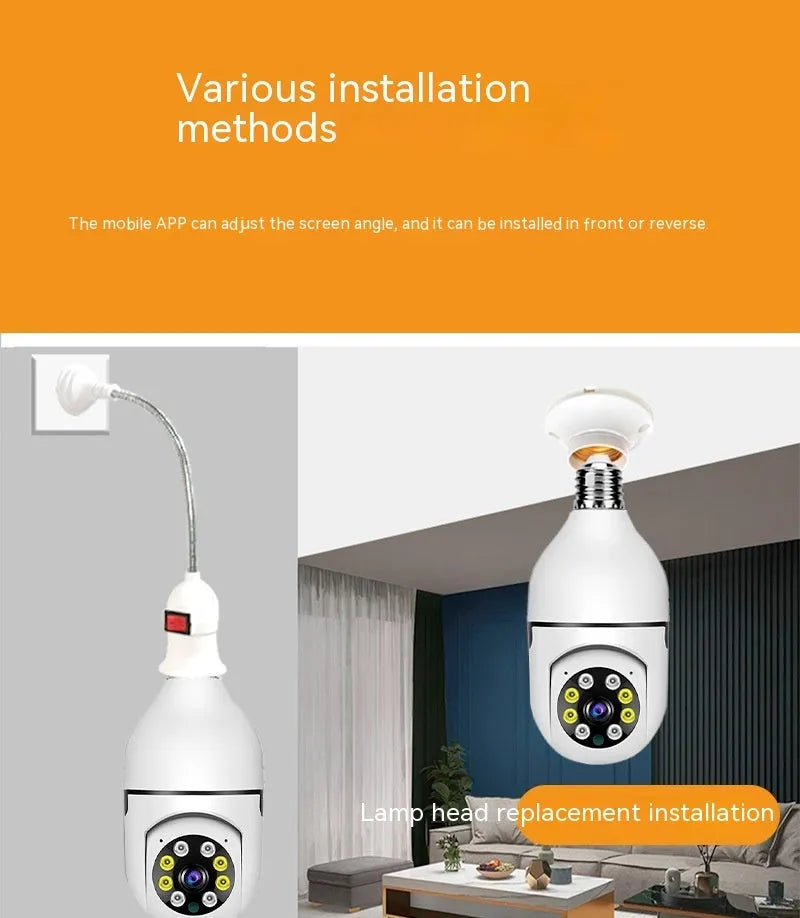 Wireless bulb security camera showing 5cm by 12cm dimensions with lamp holder fitting